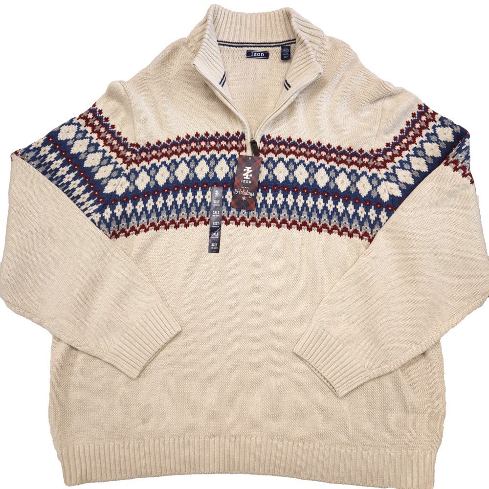 Izod Quarter Zip Sweater men's 3XLT Fair Isle Nordic Cozy Alpine Preppy